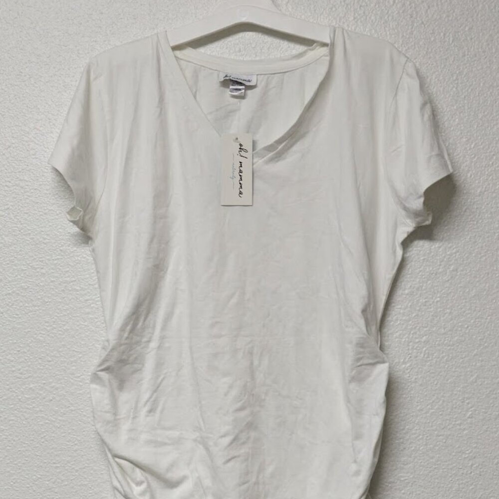 Oh! Mamma Maternity White V-Neck Short Sleeves Ruched-Hem Top Shirt - Large